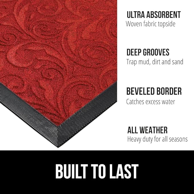 GORILLA GRIP 100% Waterproof All-Season WeatherMax Doormat 35x23, US Designed Natural Rubber, Stain and Fade Resistant, Low Profile Indoor Outdoor Door Mats, Easy Clean Patio Mat, Red Vintage Wine-HomvellaHome