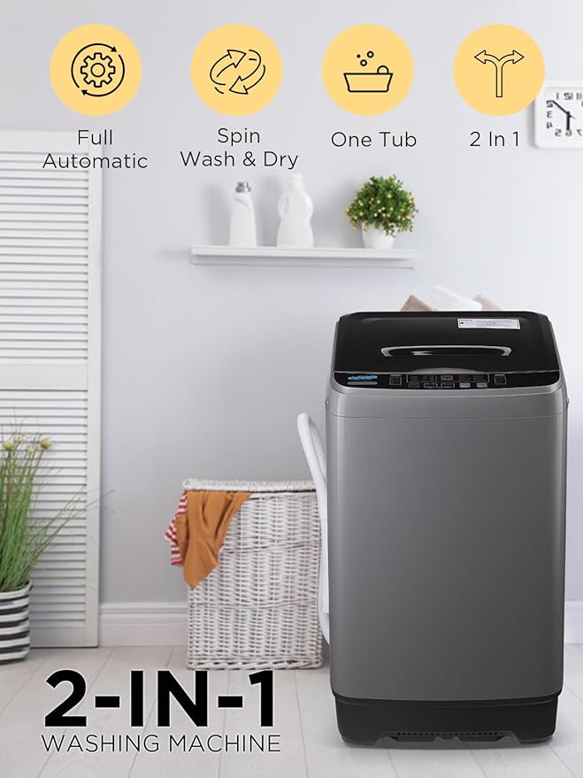 17.7 lbs Full-Automatic Washing Machine with LED Display, Portable Compact Laundry Washer with Drain Pump, 10 Wash Programs 8 Water Levels, Grey-HomvellaHome