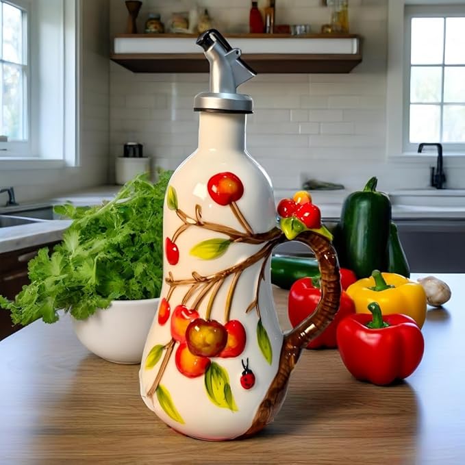 18.26oz/540ml Ceramics Olive Oil Dispenser Bottle,Hand Painted Reliefs Oil Dispenser for Kitchen,Oil Bottles for Kitchen (Cherry)-HomvellaHome