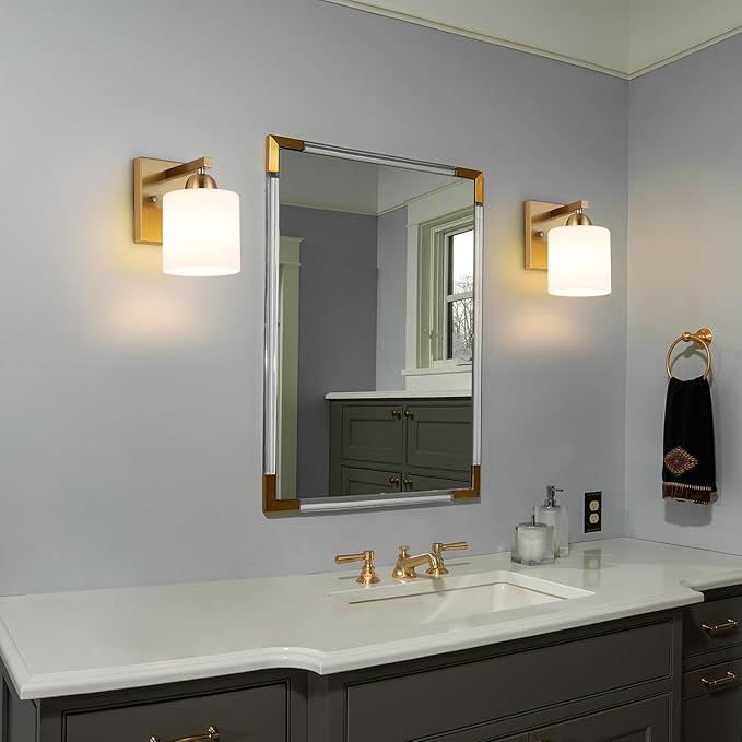 Gold Milk Glass Wall Sconces, 1 Pack Hardwired Indoor Wall Light Fixtures for Living Room, Hallway, Bedroom, Ceramic E26 Sockets (Bulbs Not Included)-HomvellaHome