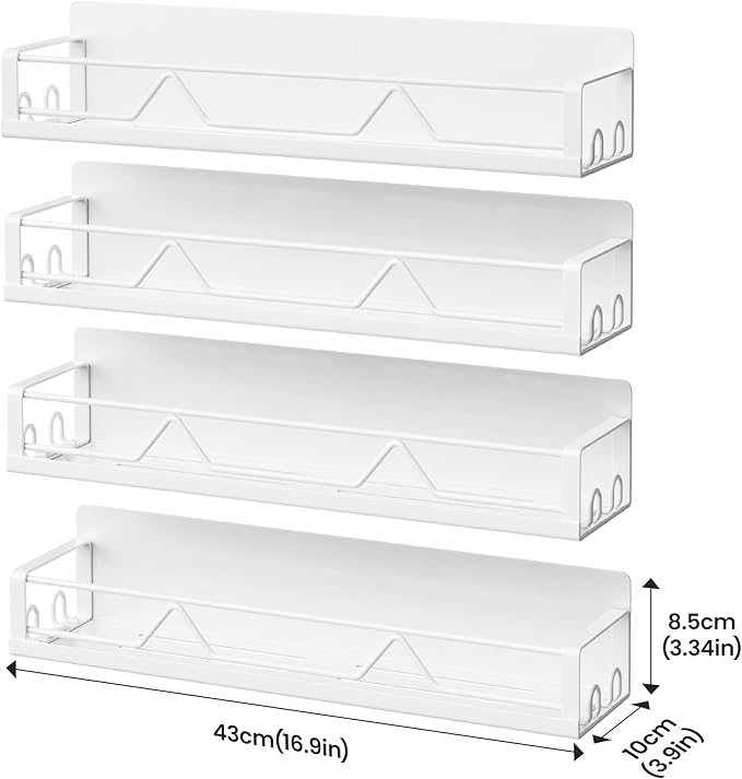 16.9 Inch Wide Large Capacity Magnetic Spice Rack for Refrigerator, 4 Pack Metal Fridge Shelf, White-HomvellaHome