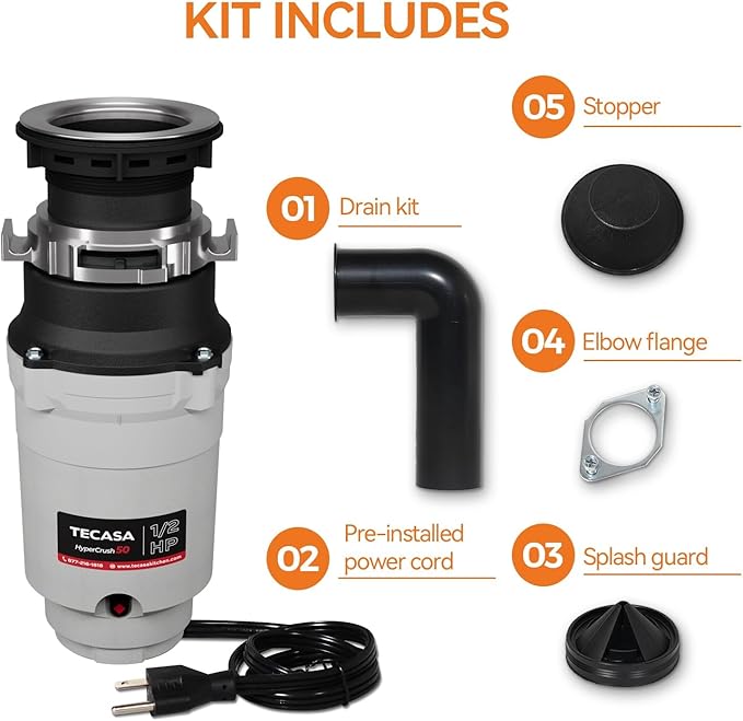 Garbage Disposal, TECASA 1/2 HP Pro Food Waste Coutinuous Feed, Garbage Disposals with Stopper Power Cord, Stainless Steel Grinding System for Kitchen Sink - HyperCrush 50 PRO-HomvellaHome