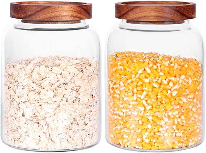Glass Storage Jars with Airtight Lids, Set of 2 42 FL OZ (1250ml) coffee container with Wooden Lid, Glass Pantry Canister for Beans, Rice, Sugar and etc (6.3 inch high)-HomvellaHome
