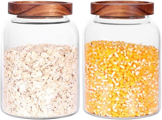 Glass Storage Jars with Airtight Lids, Set of 2 42 FL OZ (1250ml) coffee container with Wooden Lid, Glass Pantry Canister for Beans, Rice, Sugar and etc (6.3 inch high)-HomvellaHome