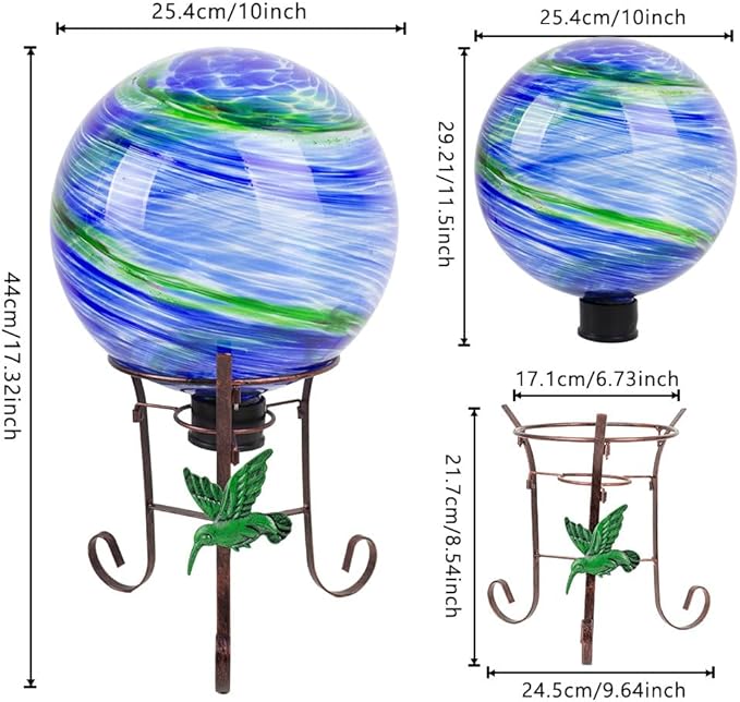 10" Diameter Gazing Ball with 8.5" Hummingbird Metal Stand Outdoor Garden Decor,Glass Globe Sphere Yard Art Decorations Outdoor,Glass Gazing Balls for Garden,Home,Lawn,Patio,Porch(Blue)-HomvellaHome