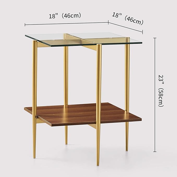 Glass End Table, Mid-Century Modern Design Sofa Table, for Living Room, 2-Tier Structure, Clear Glass Top and Walnut MDF Shelf, Sleek Conical Metal Legs with Gold Finish Frame-HomvellaHome