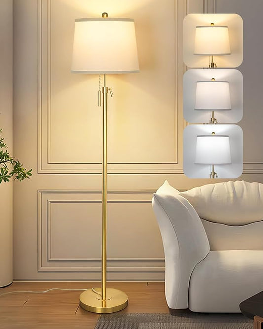 Gold Floor Lamp for Living Room, Tall Standing Lamp 55-65" Adjustable Modern Brass Floor Lamps for Bedroom Reading Office Kids 3 Color Lights Corner Night Stand (9W LED Bulb, White Shade)-HomvellaHome