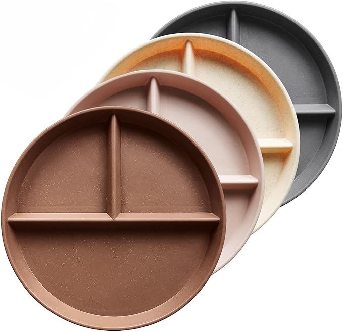 greenandlife 10 Inch 4PCS Unbreakable Portion Control Plates, Divided Plates for Kids Adults, Dishwasher & Microwave Safe Compartment Plate, Lightweight Reusable Wheat Straw Plate, Earth Tone-HomvellaHome