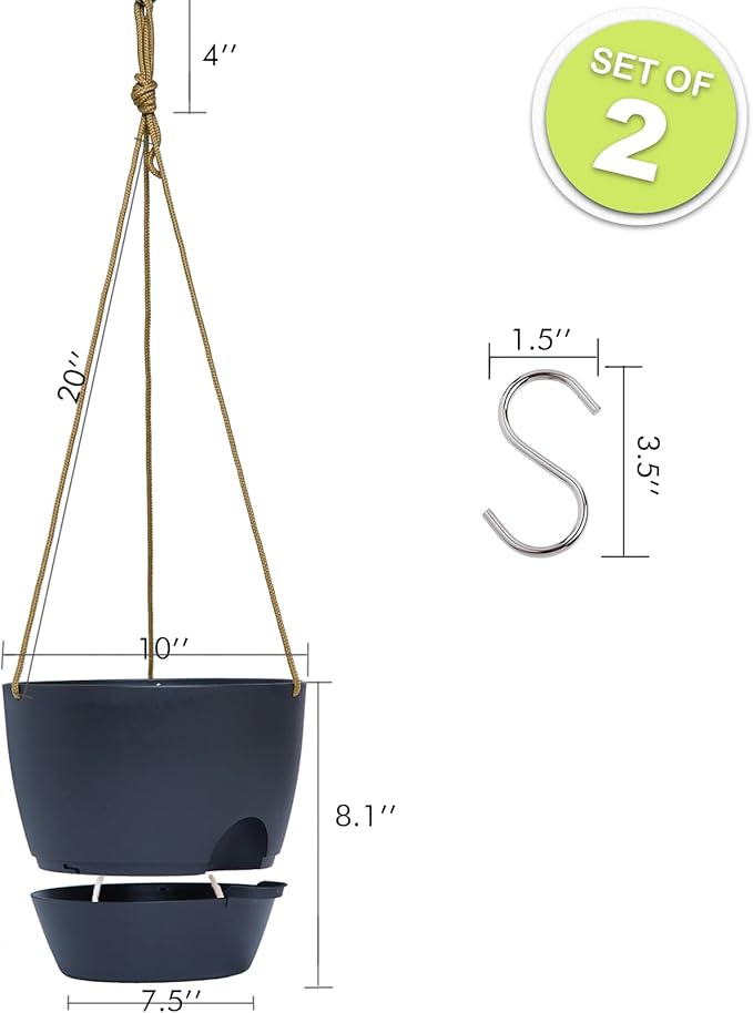 10 Inch Self Watering Hanging Pots, 2 Pack Hanging Planters with 40oZ Deep Reservior for Indoor Outdoor Plants Flowers, Black-HomvellaHome