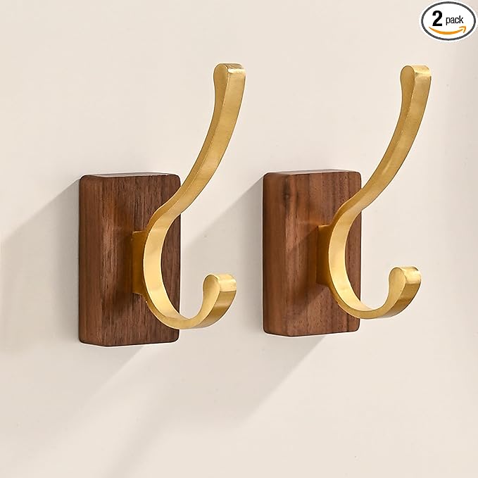 2 Pack Wooden Wall Hooks for Hanging, Adhesive Mounted Wall Mounted Boho Decorative Nature Wood Coat Hook for Towel Clothes Blanket Hat Backpack Robe Nursery Door Board Entryway Key Holder Gold-HomvellaHome