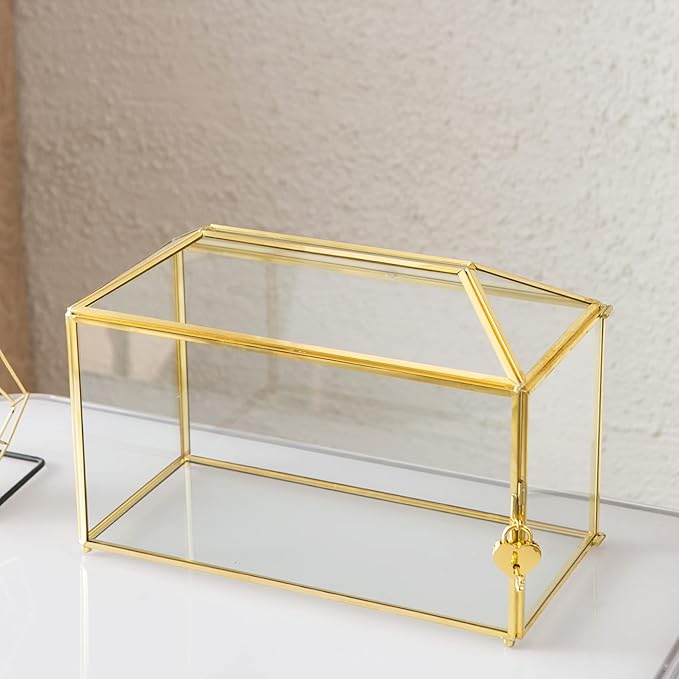 Glass Wedding Card Box with Slot, 12.6 inch Large Clear Card Box Gold Brass Gift Card Storage Box with Lock for Wedding Receptions, Baby Shower, Birthday Party, Bridal Shower-HomvellaHome