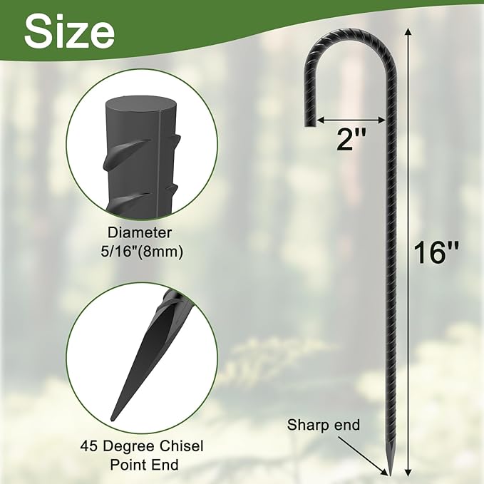16" Ground Rebar Stakes Heavy Duty J Hook Ground Anchors, 5/16 inch Curved Steel Tent Stakes Anti Rust Steel Ground Stakes for Chain Link Wire Fencing, Pack of 40, Black-HomvellaHome