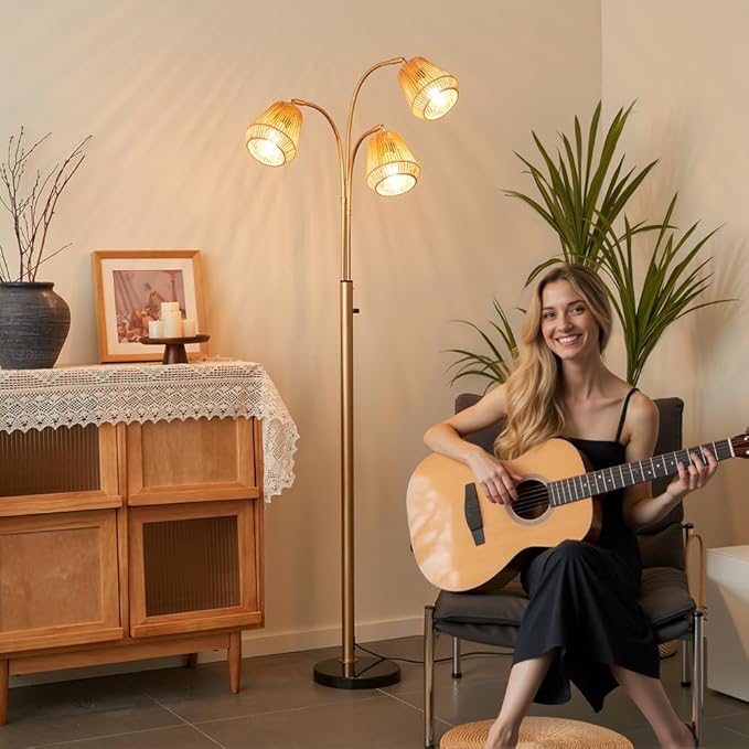 Gold Rattan Floor Lamp for Living Room, 72 Inch Tall Boho Floor Lamp with Rotary Switch, 3 Lights Arc Lamp with Wicker Shade for Coastal,Bohemian,Modern,Tree Farmhouse Standing Lamp-HomvellaHome