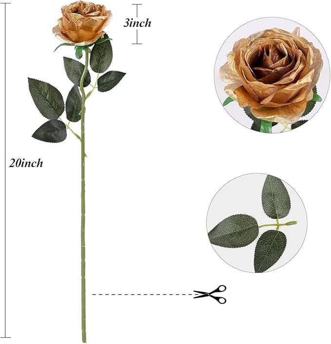 Gold Fake Roses Artificial Flowers - 16 Pcs Fake Artificial Roses Silk Flowers with Stems for Home Wedding Hotel Office Centerpiece Decor-HomvellaHome