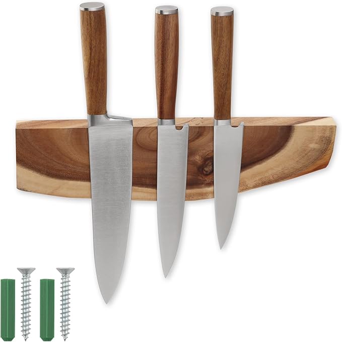 12.5 Inch Magnetic Knife Holder for Wall,Acacia Wood Knife Magnetic Strip,Knife Holder Wood Magnetic,No Drilling Knife Magnetic Strip-Strong Knife Magnet- for Kitchen Knives and Tools-HomvellaHome