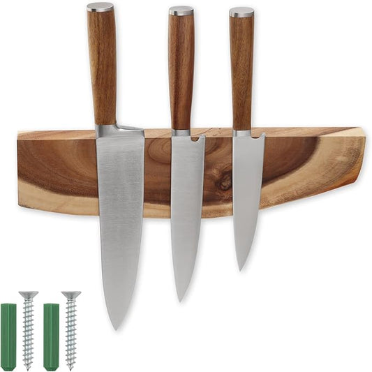 12.5 Inch Magnetic Knife Holder for Wall,Acacia Wood Knife Magnetic Strip,Knife Holder Wood Magnetic,No Drilling Knife Magnetic Strip-Strong Knife Magnet- for Kitchen Knives and Tools-HomvellaHome