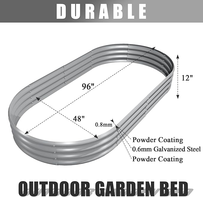 2 Pack 8x4x1FT Galvanized Raised Garden Bed Kit Oval Metal Ground Planter Box Outdoor Bottomless Planter Raised Beds for Vegetables Flowers Herbs Fruits, Gray-HomvellaHome