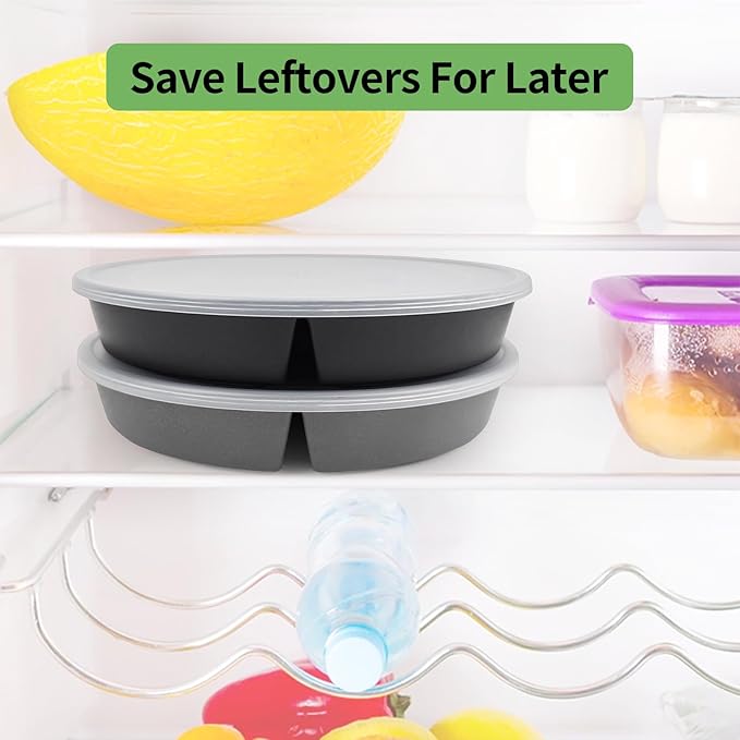 greenandlife 9 Inch 4PCS Divided Plates with Lids, Portion Control Plates for Kids Adults, Dishwasher Microwave Safe Compartment Plate, Unbreakable Lightweight Reusable Wheat Straw Plate, Grey Black-HomvellaHome