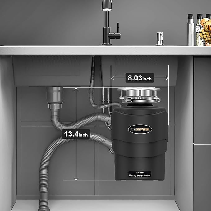 Garbage Disposal 3/4 HP Ultra Quiet powerful grinding Kitchen Food Waste Disposer with Power Cord Easy install, AC Motor Unit Continuous Feed Stainless Steel Grind 0.75 Horsepower (MAX-5)-HomvellaHome