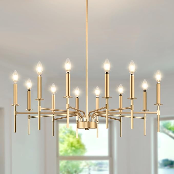 12 Light Gold Chandelier Light Fixture, Modern Farmhouse Chandeliers for Dining Room Light Fixture, Metal Candle Pendant Chandelier for Foyer Entryway Stairs Living Room Bedroom Kitchen-HomvellaHome
