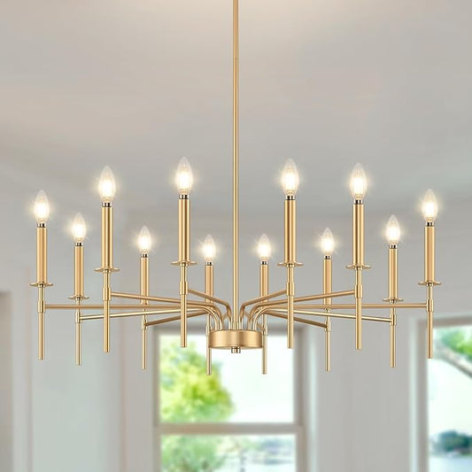 12 Light Gold Chandelier Light Fixture, Modern Farmhouse Chandeliers for Dining Room Light Fixture, Metal Candle Pendant Chandelier for Foyer Entryway Stairs Living Room Bedroom Kitchen-HomvellaHome