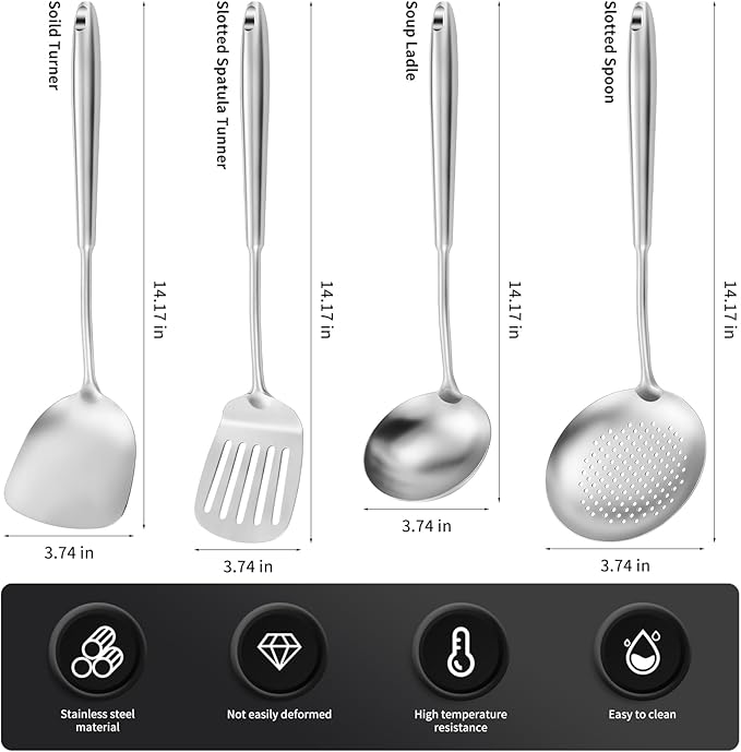 15" Wok Spatula and Ladle,Skimmer Spoon, Slotted Turner Spatula,304 Stainlss Steel Matte Kitchen Utensils Set,4PCS Wok Accessories,Cooking Utensils Tools-HomvellaHome