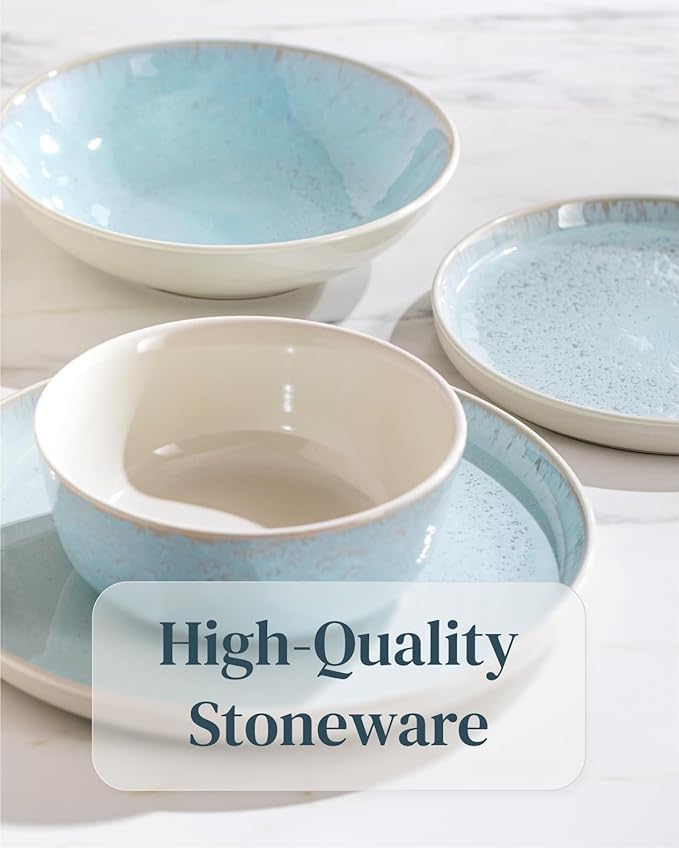 16 Piece Dinnerware Sets for 4 - Modern Style Stoneware Dinnerware Set - Scratch Resistant,Dishwasher,Microwave Safe Plates and Bowls Sets Ceramic,Dish Set, Bowl and Plate Set - Beige and Light Blue…-HomvellaHome