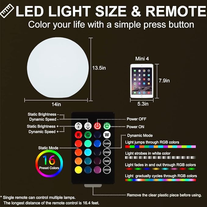 Globe Floor Lamp, 14-in Rechargeable LED Ball Light Globe Light w/Remote, Versatile Glowing Orb Mood Lamps Waterproof Outdoor Orb Lamp, Dimmable RGB Color Changing Light Up Ball for Home Garden Yard-HomvellaHome