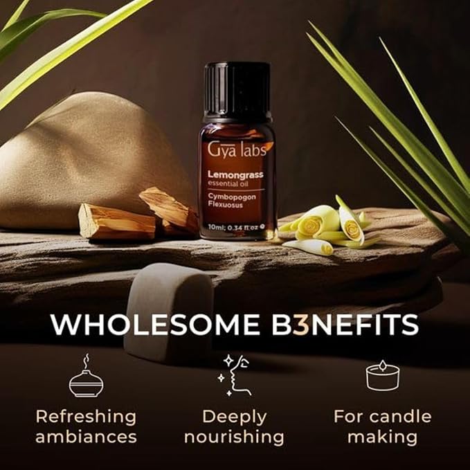 Gya Labs Lemongrass Essential Oil for Diffuser - 0.34 Fl Oz - 100% Pure Natural - Lemongrass Oil for Hair, Skin, Herbaceous, Candle Making Scent-HomvellaHome