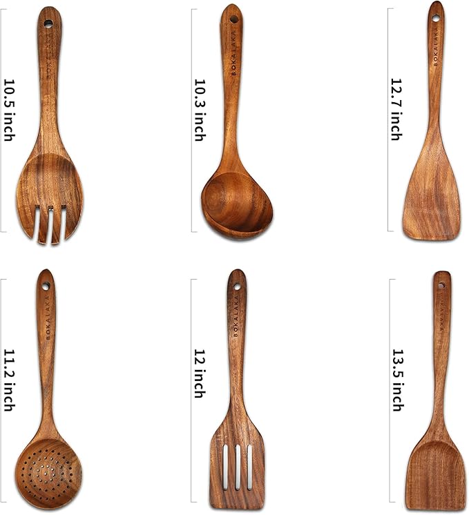 GreyWooden Kitchen Utensil Set, 6Pcs Wooden Cooking Utensils for Non-Stick Pan, 100% Natural Teak Wooden Spatula-HomvellaHome