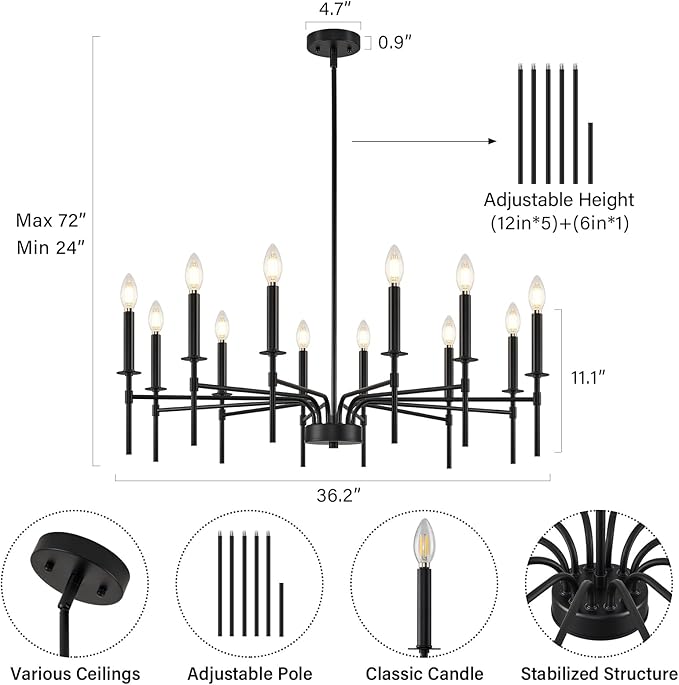 12 Light Black Chandelier Light Fixture, Modern Farmhouse Chandeliers for Dining Room Light Fixture, Metal Candle Pendant Chandelier for Foyer Entryway Stairs Living Room Bedroom Kitchen-HomvellaHome
