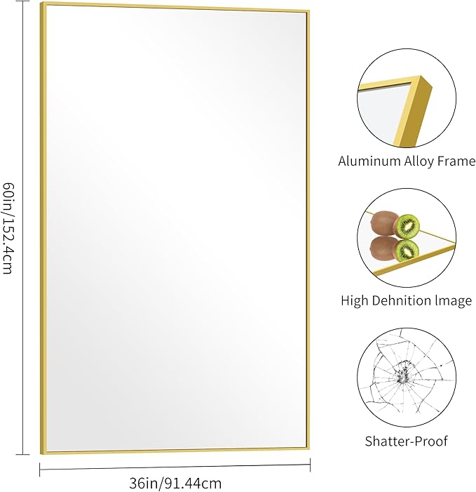 Gold Bathroom Mirror for Wall, 60x36 Inch Rectangle Mirrors with Metal Frame, Modern Vanity Wall Mirror Decor for Bathroom Living Room, Entryway Hangs Horizontal or Vertical-HomvellaHome