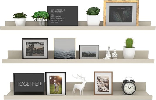 Giftgarden 36 Inch Floating Wall Shelves Creamy White Beige Wood-Grain, Large Picture Ledge Long Wooden Shelfs for Bedroom Living Room Kitchen Bathroom Nursery Office, Set of 3 Different Sizes-HomvellaHome