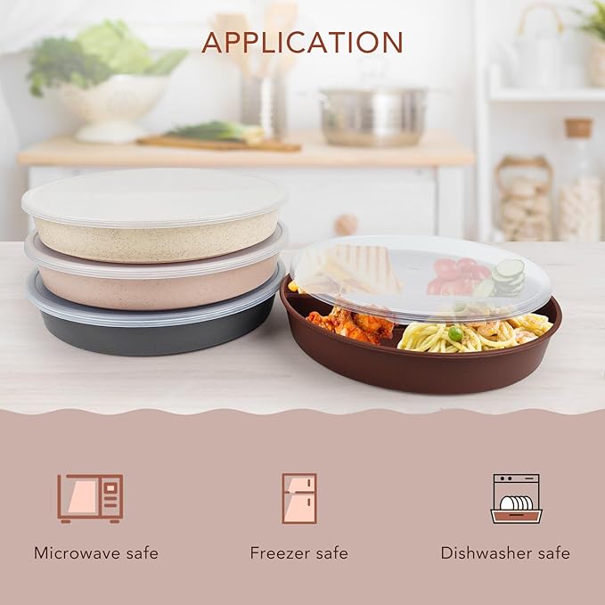 greenandlife 9 Inch 4PCS Portion Control Plates with Lids, Divided Plates for Kids Adults, Dishwasher Microwave Safe Compartment Plate, Unbreakable Lightweight Reusable Wheat Straw Plate, Earth Tone-HomvellaHome