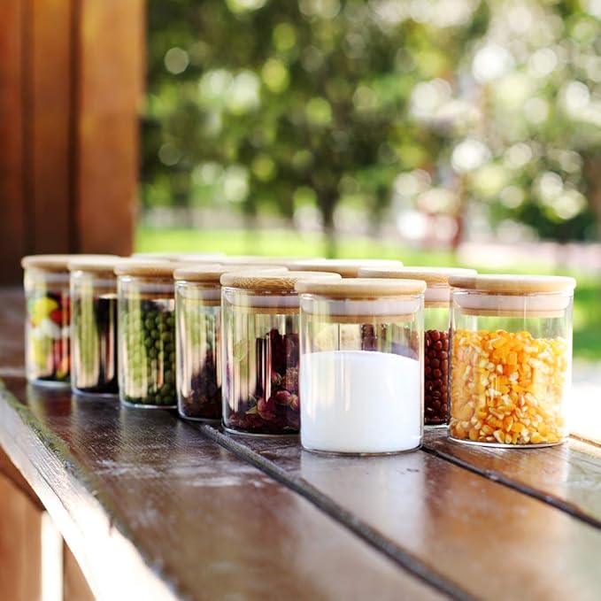 Glass Jars Set,Upgrade Spice Jars with Wood Airtight Lids and Labels, 6oz 12 Piece Small Food Storage Containers for Home Kitchen, Tea, Herbs, Sugar, Salt, Coffee, Flour, Herbs, Grains…-HomvellaHome