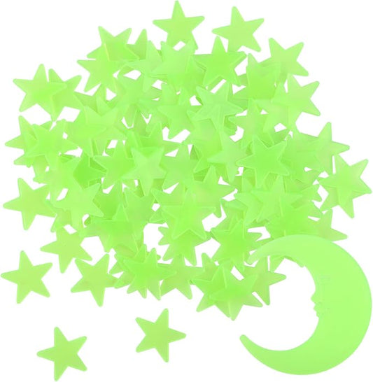 100 Stars and 1 Moon Glow in The Dark Luminous Fluorescent 3D Plastic Glow Stars Moon for Ceiling, Glowing Wall Stickers Create a Realistic Starry Sky, Room Decorations (Green)-HomvellaHome