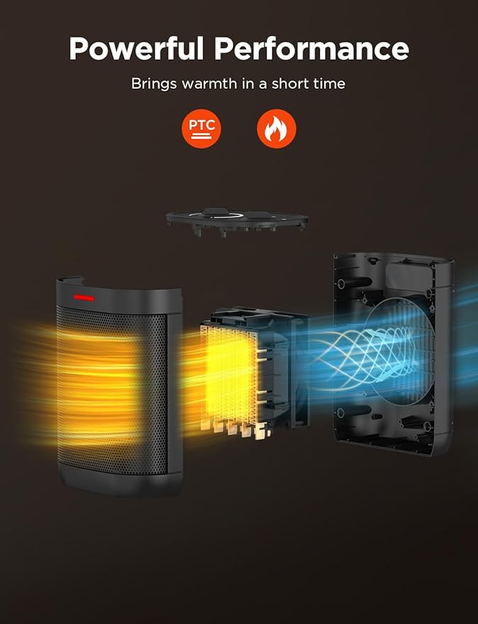 1000W Small Space Heater for Indoor Use, 2S Fast Heating, PTC Ceramic Electric Space Heater with 3 Modes, Thermostat, Overheated & Tip-Over Safety Protection, Portable Heater for Office and Bedroom-HomvellaHome