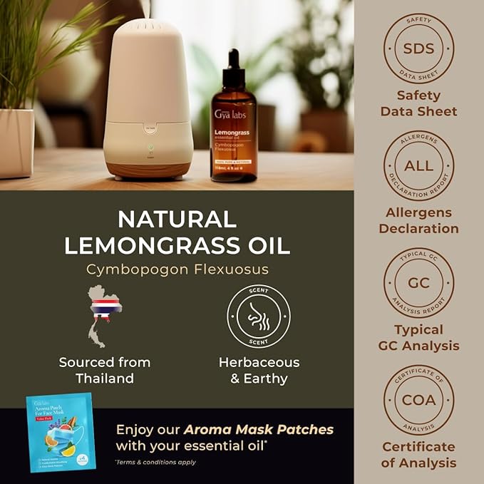 Gya Labs Lemongrass Essential Oil for Diffuser - Huge 4 Fl Oz - 100% Pure Natural Lemongrass Oil for Hair, Skin & Candle Making Scent-HomvellaHome