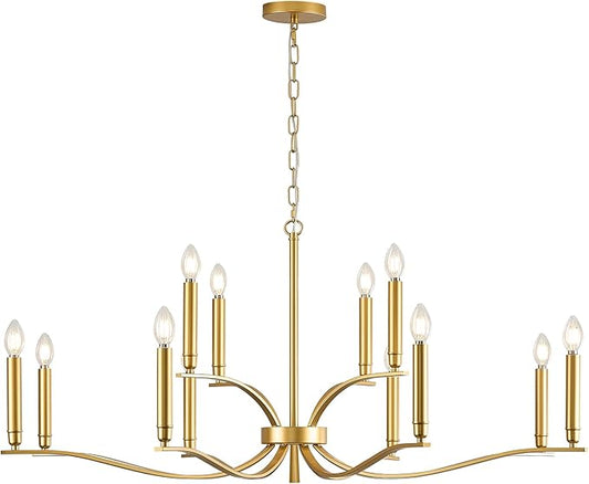 12 Light Gold Living Room Chandelier High Ceiling Foyer Candle Chandelier Large Modern Brass 44in Metal Chandeliers Hanging Light for Master Bedroom Dining Room Light Fixture Over Table-HomvellaHome