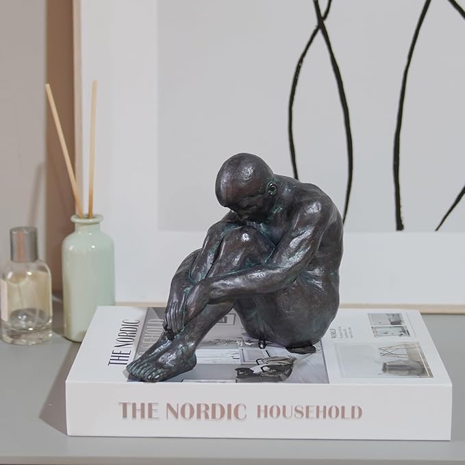 Guichifun Sitting Man Sculptures Home Decor - Resin Bronze Male Holding Arms Legs Lonely Statues Decorative Objects Outdoor Gift for Men 7.5 x 3.7 x 5.8 Inch-HomvellaHome