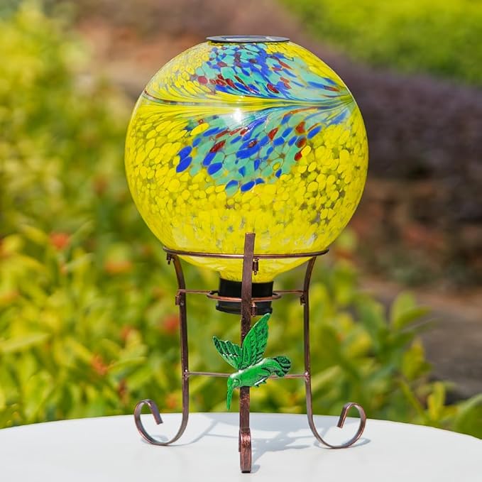 10" Diameter Solar Gazing Ball and 8.5" Metal Stand Indoor Outdoor Glass Globe Sphere Yard Art Ornament Solar Gazing Balls for Garden,Lawn,Porch,Patio Gardening Gift for Women(Yellow)-HomvellaHome
