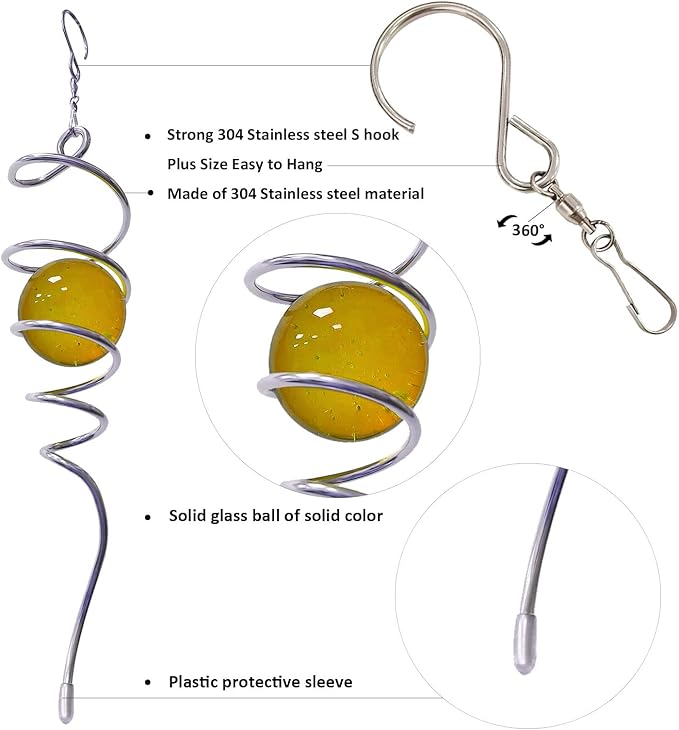 Gazing Ball Spiral Decorative Tail Wind Spinner Sun Catcher 11inch Tail and 2 inch Glass Orb. Wind Spinner Stabilizer Indoor Outdoor Garden Decoration -13 inch Height(Gold)-HomvellaHome