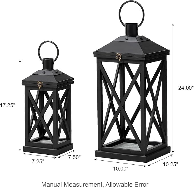 Glitzhome Modern Farmhouse Wooden Lantern Hanging Decorative Candle Lantern for Outdoor & Indoor Black Set of 2 (No Glass)-HomvellaHome