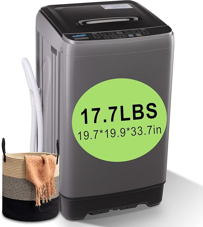 17.7 lbs Full Automatic Washing Machine with LED Display Compact Drain Dump, 10 Wash Programs and 8 Water Levels Ideal for Dorms, Apartments, RV, Grey (KB03-GREY6-3)-HomvellaHome