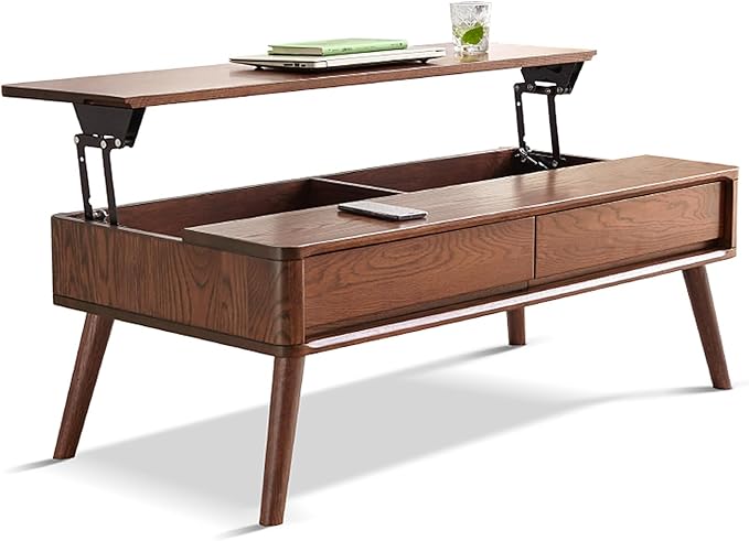 100% Solid Wood Lift Top Coffee Table for Living Room, Mid Century Modern Tables with Drawers and Large Storage, Oak Wood Coffee Tables for Small Spaces (Oak Walnut Color, 47.24"W x 23.62"D x 25.59"H)-HomvellaHome