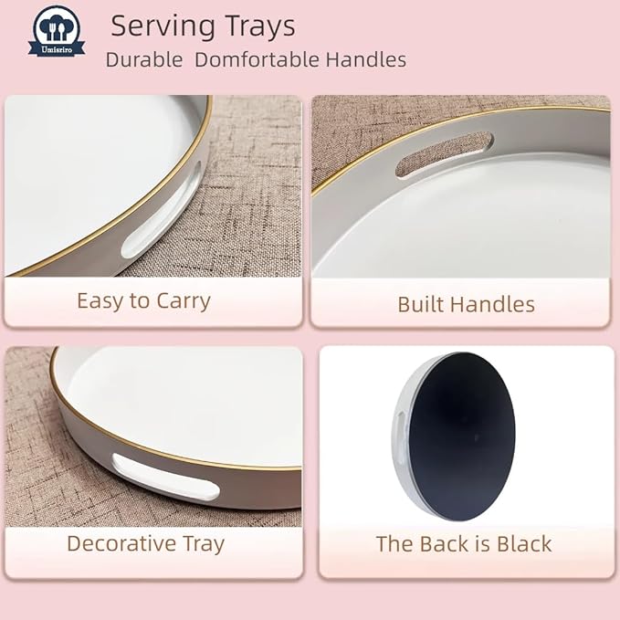 13" Round Decorative Tray, White Serving Tray with Handles, Plastic Coffee Table Tray for Ottoman, Living Room, Bathroom, Décor.-HomvellaHome