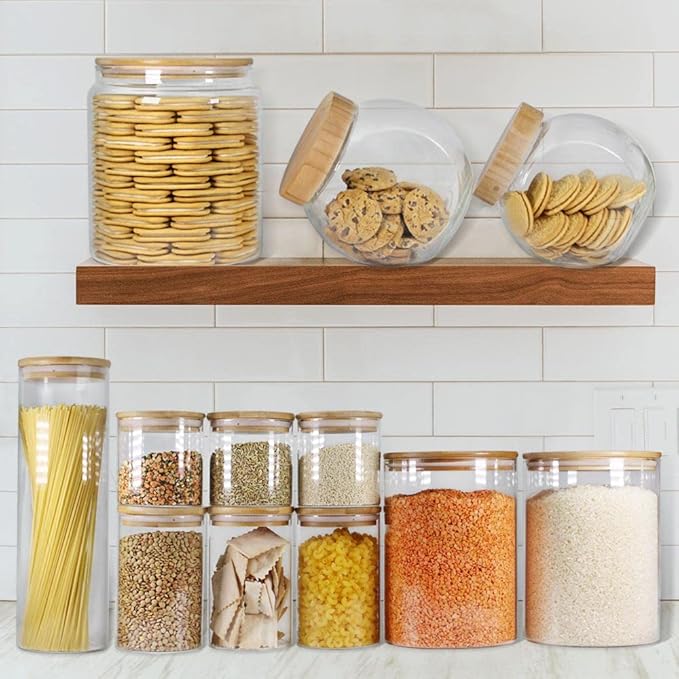 Glass Jars with Bamboo Lids (27oz in 6 Pack), Glass Food Jars and Canisters Sets, Food Storage Container with Airtight Lids, Food Pantry Jars,-HomvellaHome