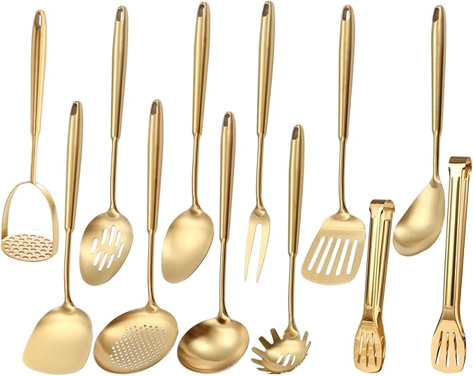 Gold Kitchen Utensils Set, 12 PCS Brass Matte Serving Utensils, 18/10 Stainless Steel All Metal Cooking Tools - Potato Masher, Tongs, Meat Fork, Spatula, Turner, Ladle, Skimmer, Spaghetti Spoon Set-HomvellaHome