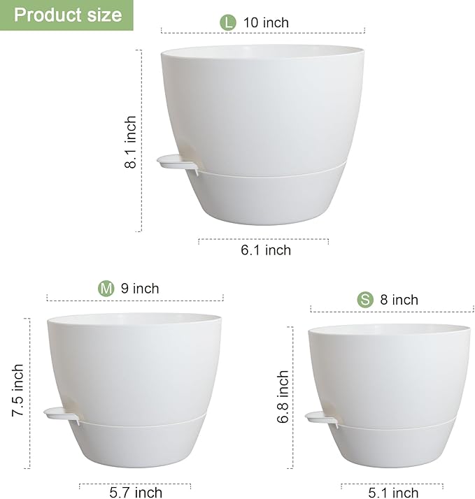 10/9/8 inch Medium Self Watering Pots, Plant Pots with Mesh Drainage Holes for Indoor Outdoor Garden Plants, Flower Pots with Removable Reservoir, Set of 3 Plastic Planters, White-HomvellaHome