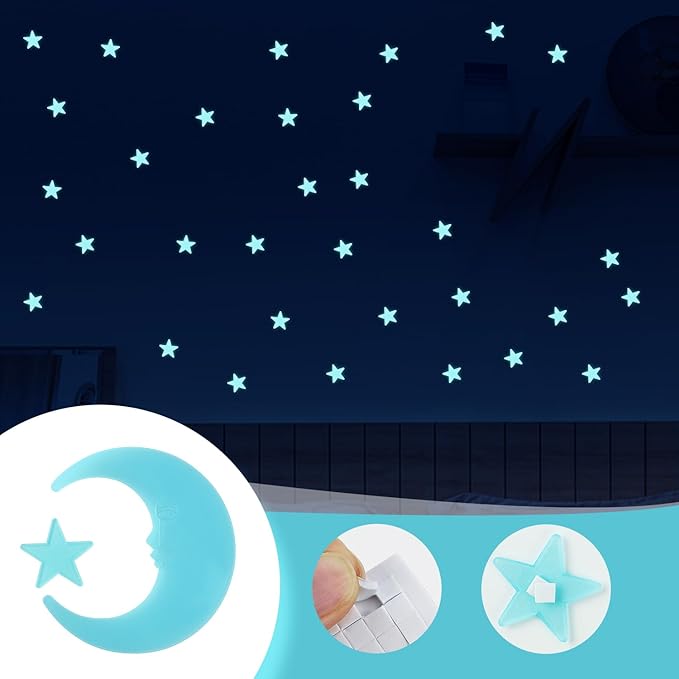 100 Stars and 1 Moon Glow in The Dark Luminous Fluorescent 3D Plastic Glow Stars Moon for Ceiling, Glowing Wall Stickers Create a Realistic Starry Sky, Room Decorations (Blue)-HomvellaHome